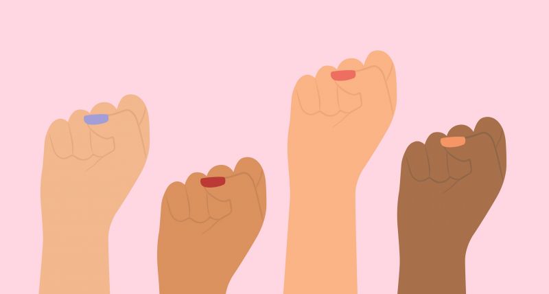 Illustration of diverse nationality women's fists in resistance