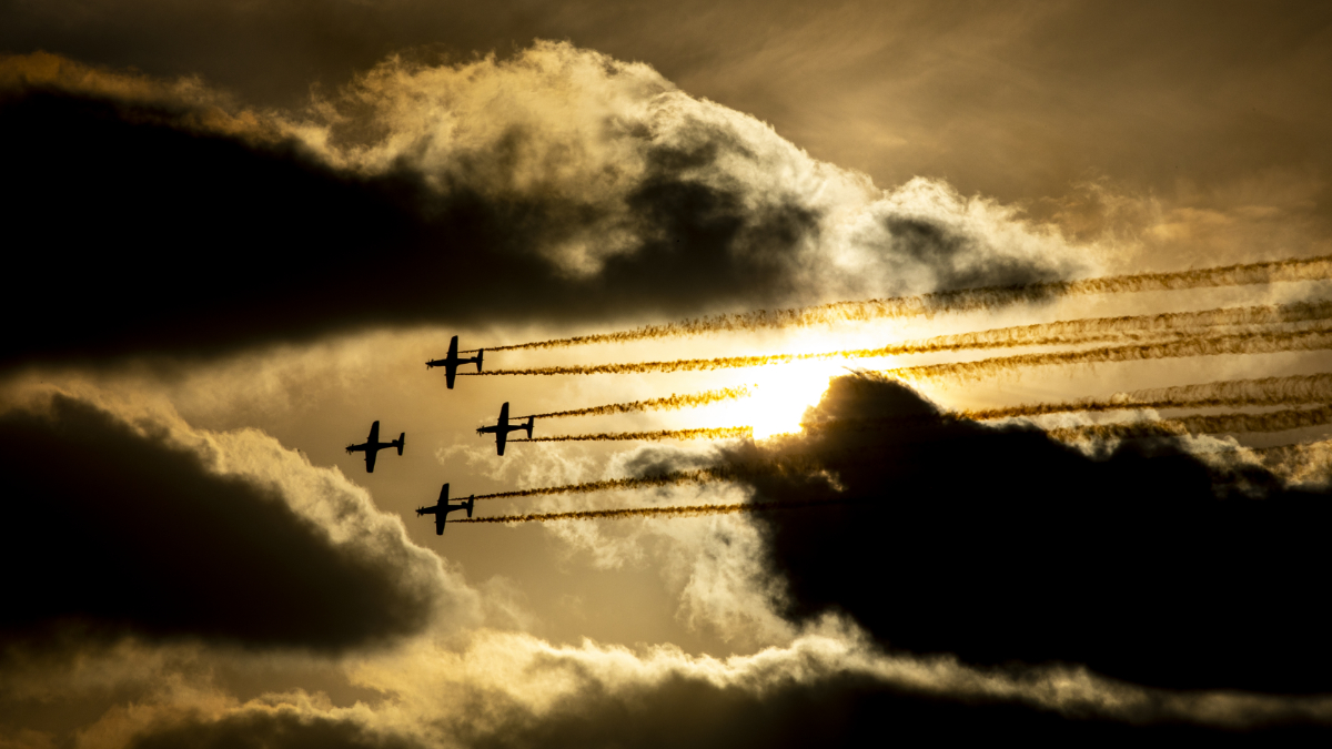 The Royal Australian Air Force Roulettes fly in formation during a demonstration at the Australian International Airshow 2023, Avalon, Victoria.