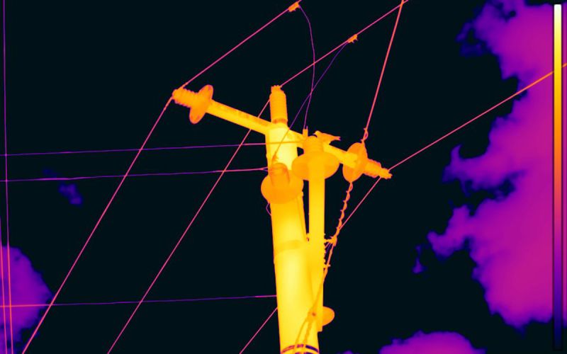 A power pole lights up warm yellow-red on a sea of black by thermal imaging