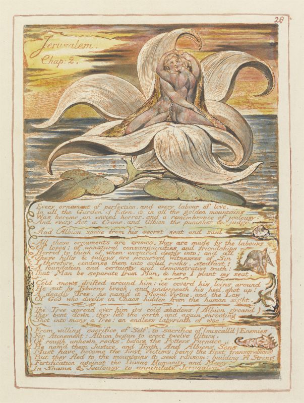 William Blake, from Jerusalem The Emanation of the Giant Albion, Chapter 2, plate 28, 1804. Relief etching with pen and watercolour.