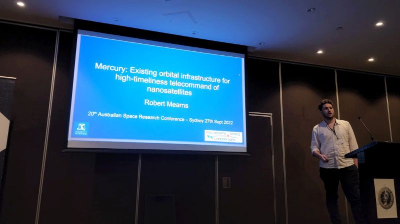 Rob Mearns presents his research for high-timeliness telecommand of nanosatellites at the 20th Australian Space Research Conference