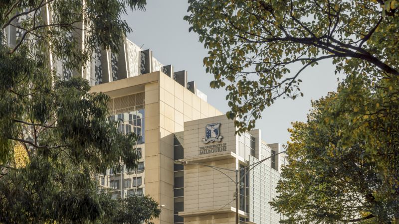 Faculty of Business and Economics and The Spot building with University of Melbourne logo