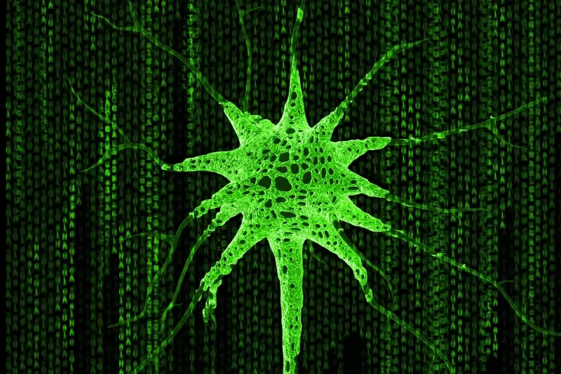 Graphic representation of neon green cell against black patterned background