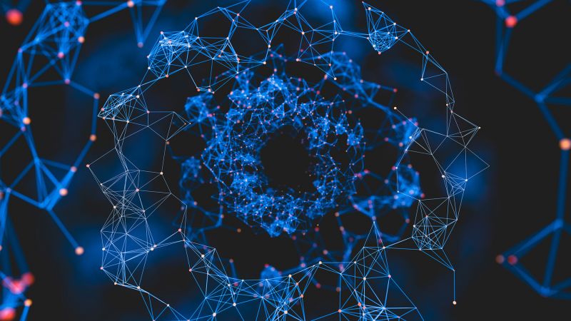 Glowing blue wireframe on a black background spiralling towards infinity