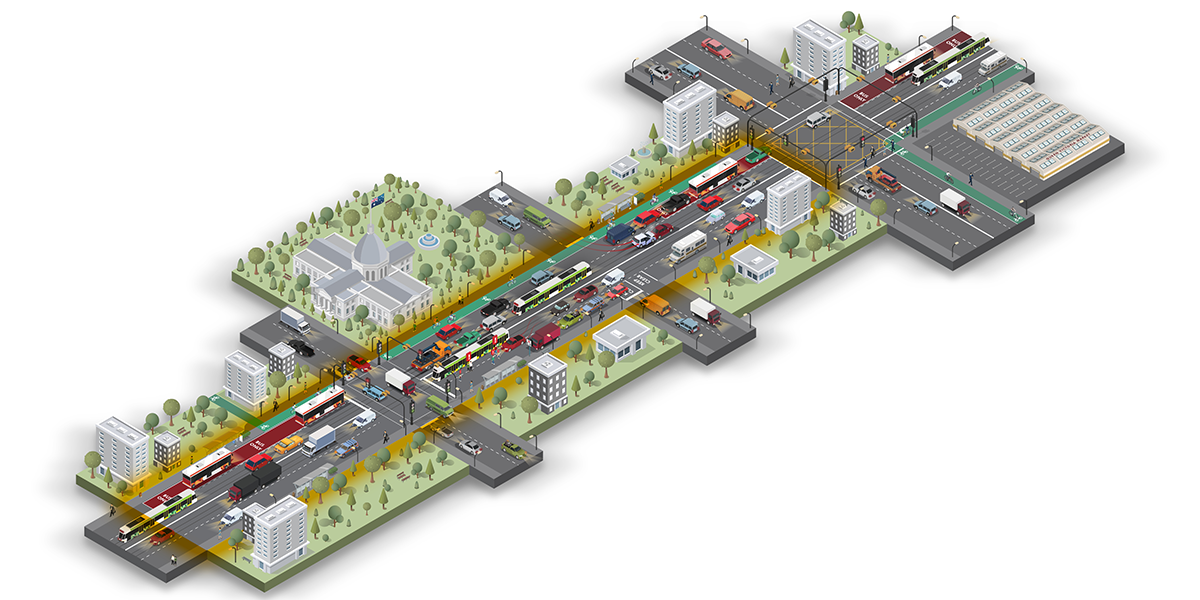 Colourful representation of a busy road corridor used by many forms of transport and intersected by other roads