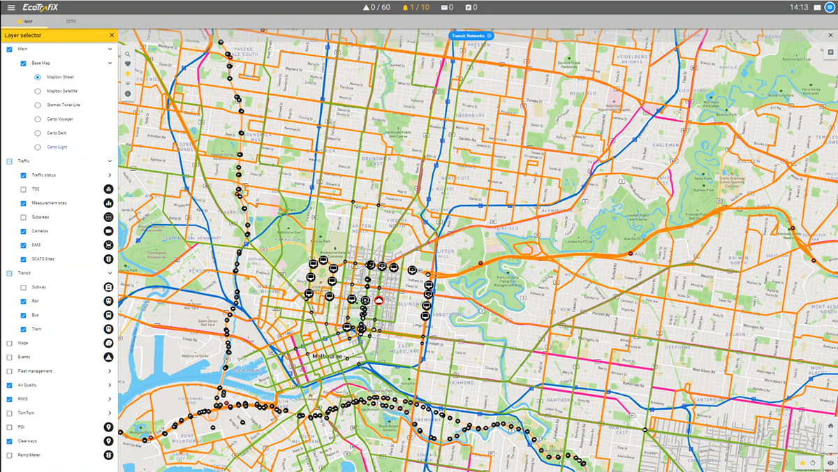 Various transport data on a map of Melbourne, laid out by Kapsch's EcoTrafiX platform