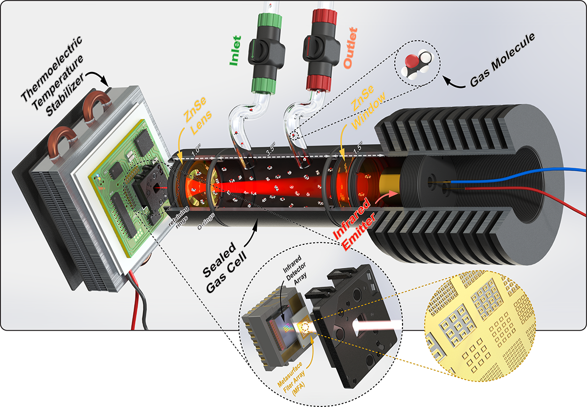 Gas molecules enter the infrared spectrometer's gas cell and an infrared detector array, through a metasurface filter array, detects infrared radiation supplied by the infrared emitter after it is absorbed by the molecules