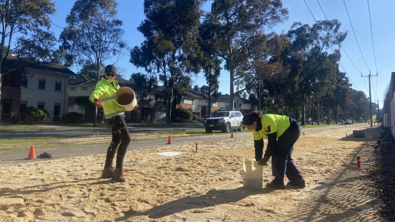 Katherine Horsfall and a colleague wear high-visibility vests while scattering seeds into sandy ground