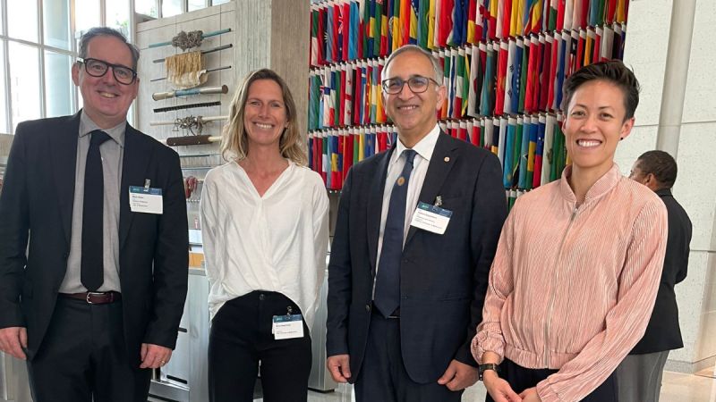 Mark Allan with three colleagues at the World Bank headquarters. There are many different nations' flags mounted on the wall behind them