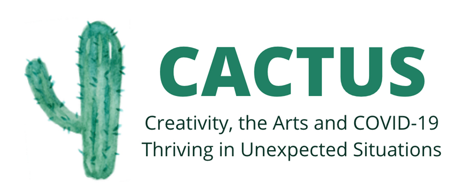 cactus survey logo with a green cactus and the words "creativity, the arts and COVID-19 thriving in unexpected situations"
