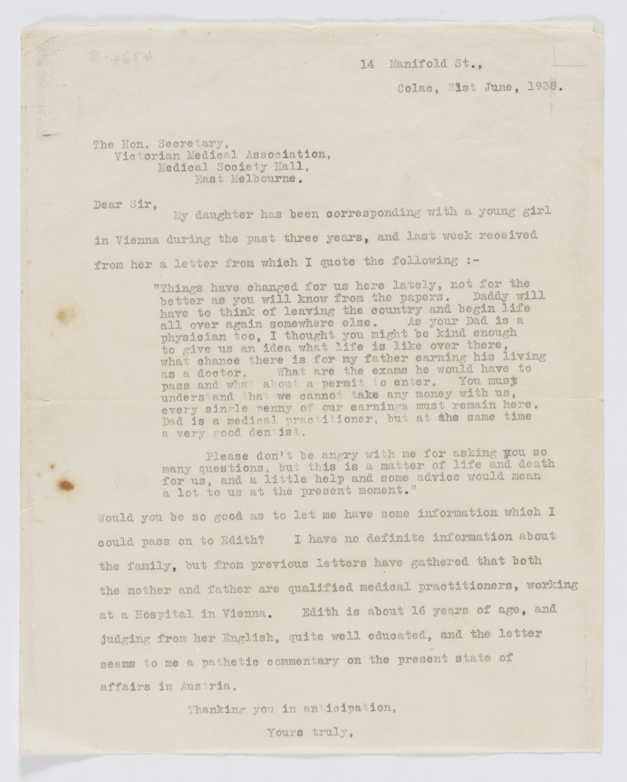 Typed letter from Keith Doig to the Victorian Medical Society, 21 June 1938
